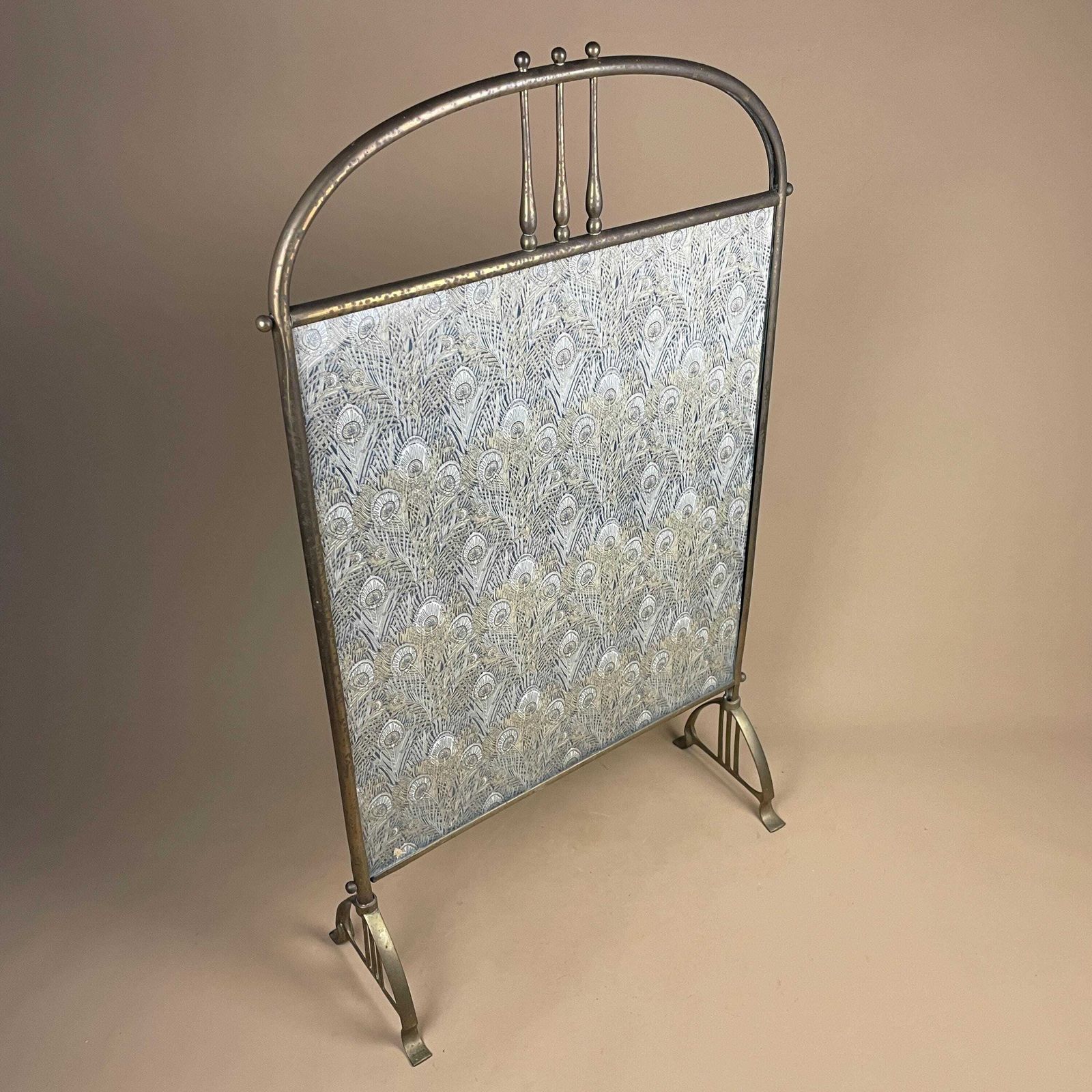 Brass Art Nouveau Fire Screen Fireguard Peacock Feather Pattern Gold Brass Metal Frame Glass Fabric Antique Fire Guard Vintage