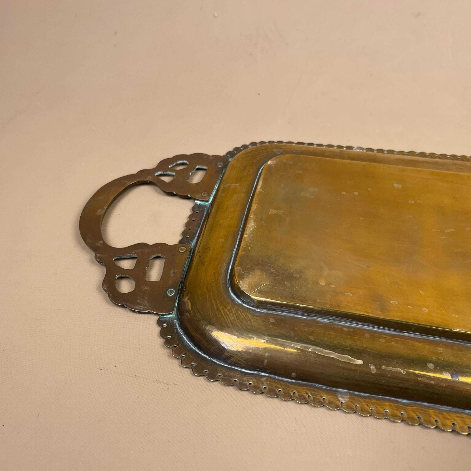 Home Decor Rectangle Metal Gold Indian Patterned Brass Tray 51x19.5cm Plate Asian Handmade Etched Intricate Vintage Decorative Handles Black Antique photo