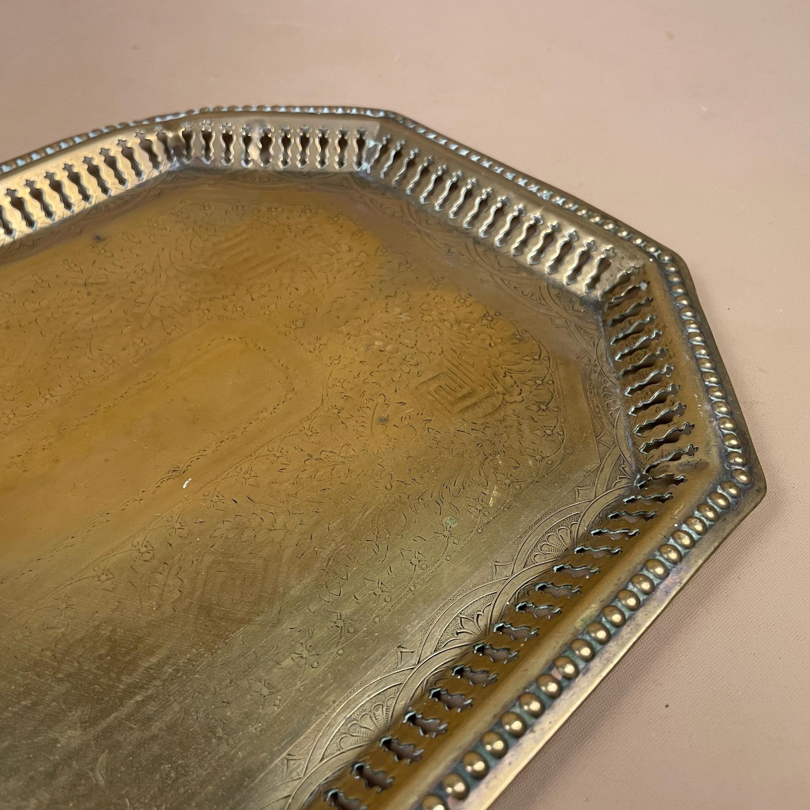 Antique Small Metal Pale Gold Tray Rectangular Plate Decorative Edge Ornate Aged Patina Display Embossed Engraved Traditional Handmade photo 50.0