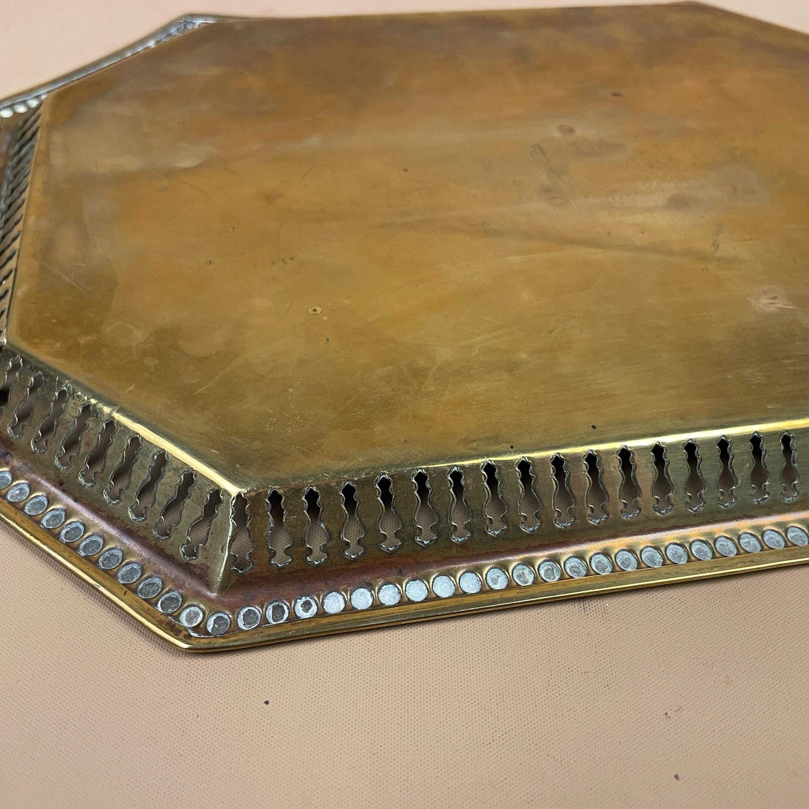 Antique Small Metal Pale Gold Tray Rectangular Plate Decorative Edge Ornate Aged Patina Display Embossed Engraved Traditional Handmade photo buy