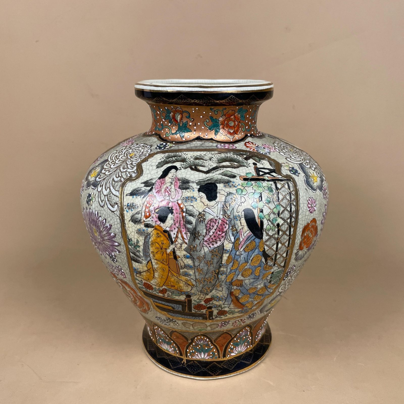 Oriental Antique Decorative Vase Ceramic Pot Japanese Vintage Display Hand Painted Asian Old Aged Figures Floral Pattern Decorative photo vintage