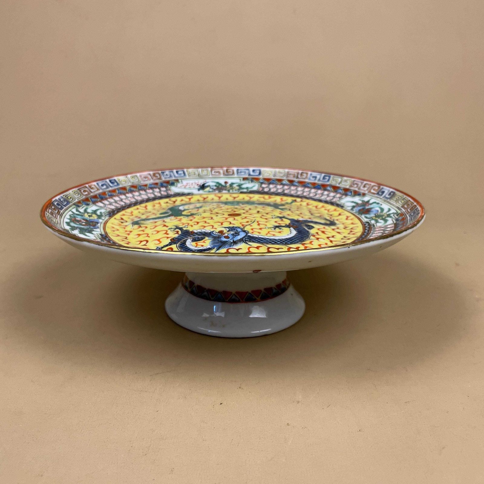 Antique Oriental Ceramic Hand Painted Pedestal Bowl On A Stand Plate Chinese Decorative Asian Round Porcelain 22cm Dish Display Dragon photo for sale