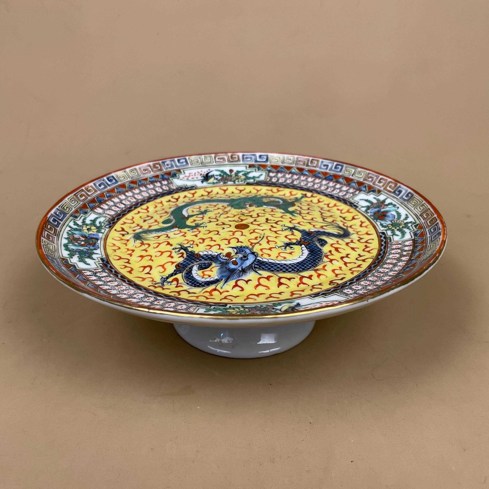 Antique Oriental Ceramic Hand Painted Pedestal Bowl On A Stand Plate Chinese Decorative Asian Round Porcelain 22cm Dish Display Dragon photo 75.0