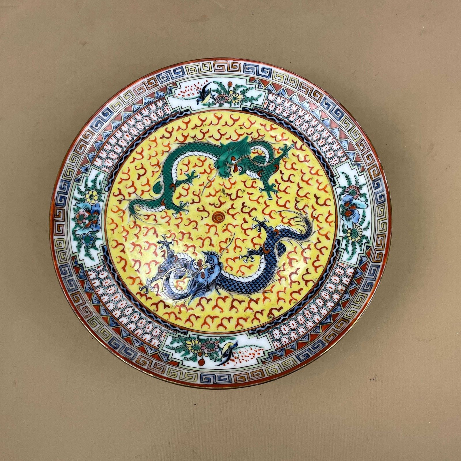 Antique Oriental Ceramic Hand Painted Pedestal Bowl On A Stand Plate Chinese Decorative Asian Round Porcelain 22cm Dish Display Dragon photo vinterior