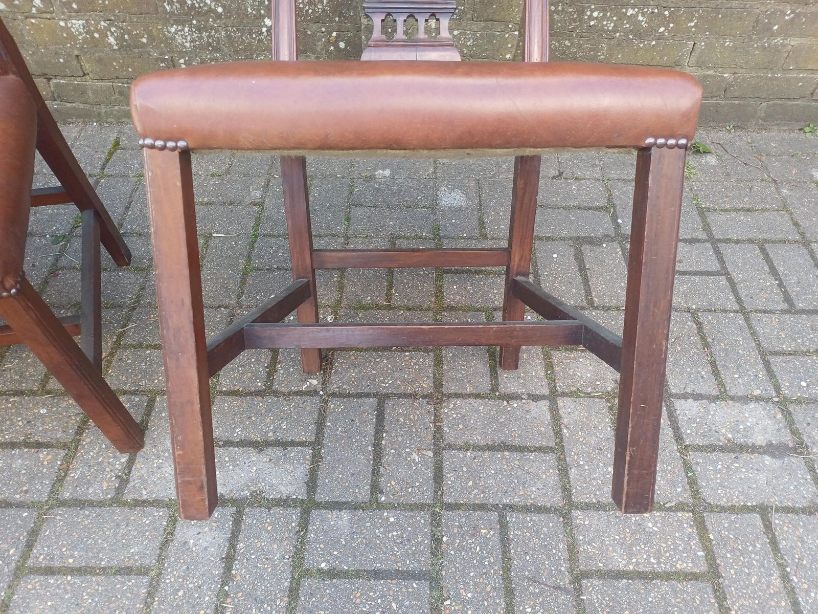 Set Of Four Vintage 1920s Mahogany Dining Chairs With Carved Backs And Brown Vinyl Seats photo Furniture