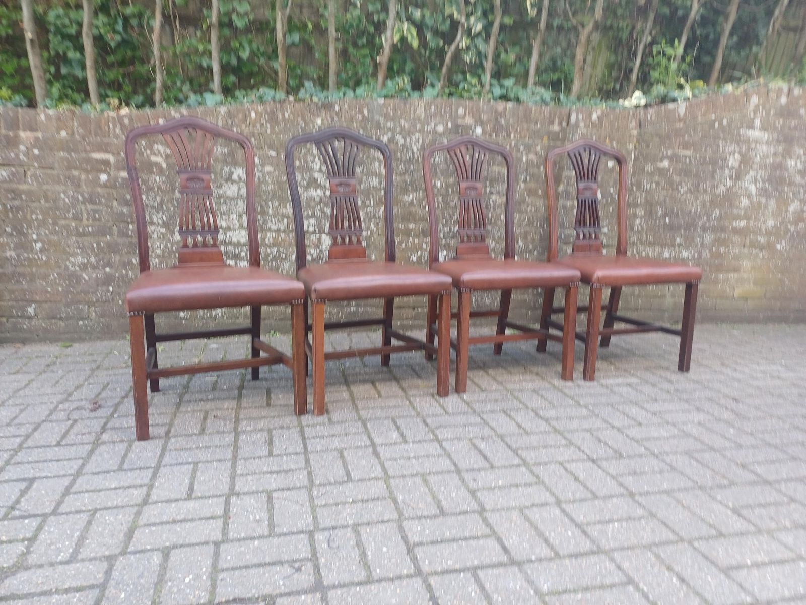 Set Of Four Vintage 1920s Mahogany Dining Chairs With Carved Backs And Brown Vinyl Seats photo buy