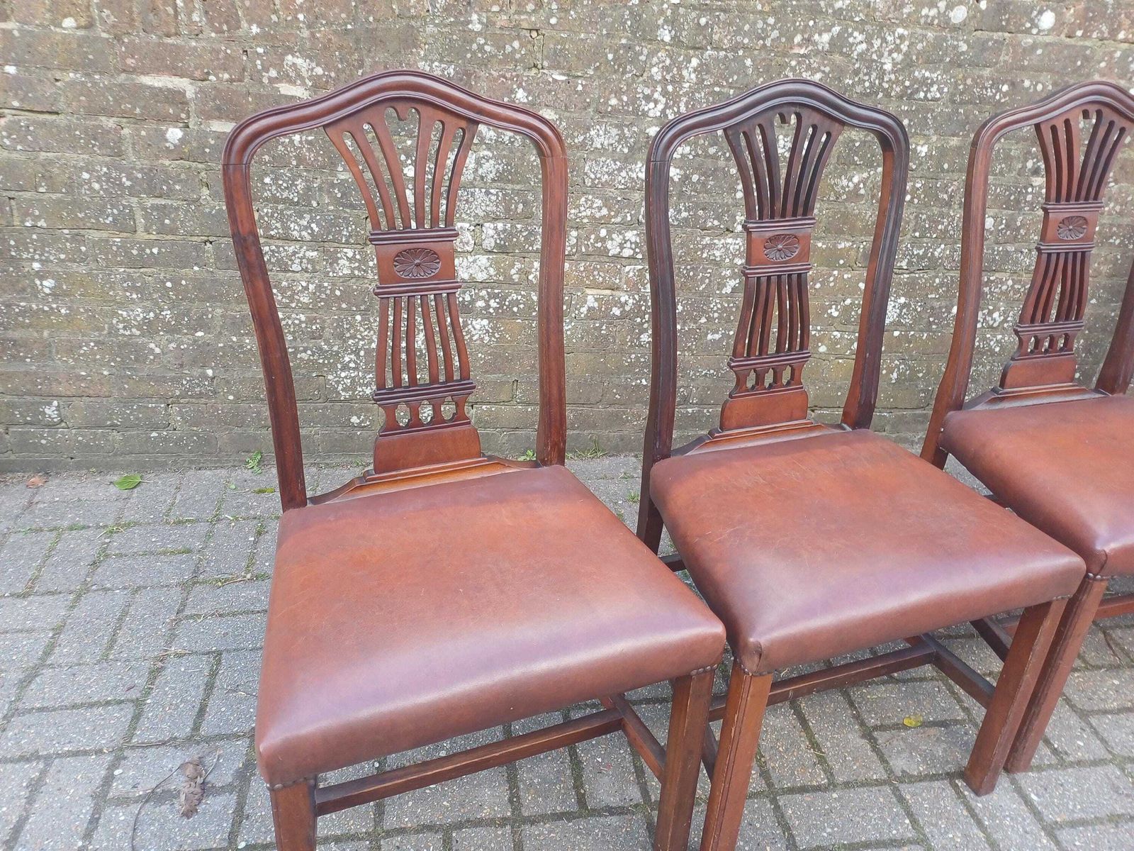 photo for sale Set Of Four Vintage 1920s Mahogany Dining Chairs With Carved Backs And Brown Vinyl Seats