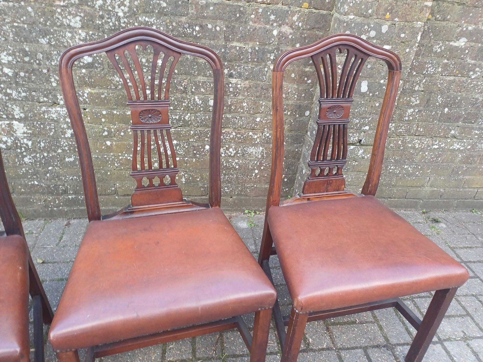 Furniture Set Of Four Vintage 1920s Mahogany Dining Chairs With Carved Backs And Brown Vinyl Seats photo