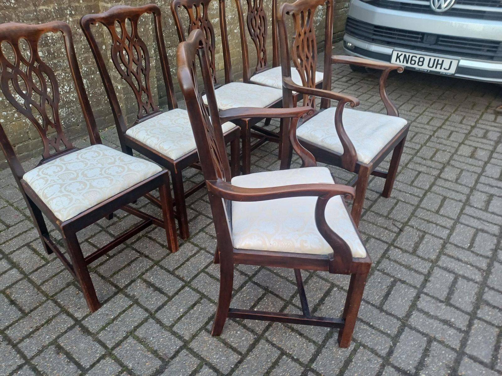 Set Of Six Antique Mahogany Vintage High End Dining Chairs With Carved Fretwork Backs, Upholstered Seats Two Carvers photo for sale