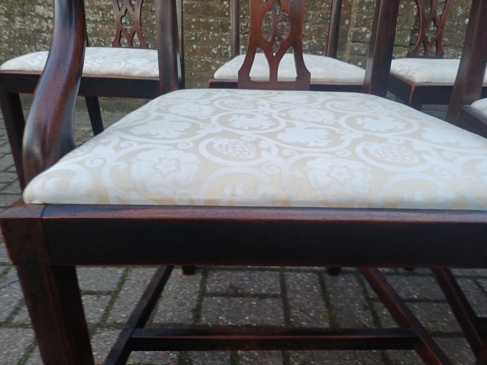 Set Of Six Antique Mahogany Vintage High End Dining Chairs With Carved Fretwork Backs, Upholstered Seats Two Carvers photo 795.0