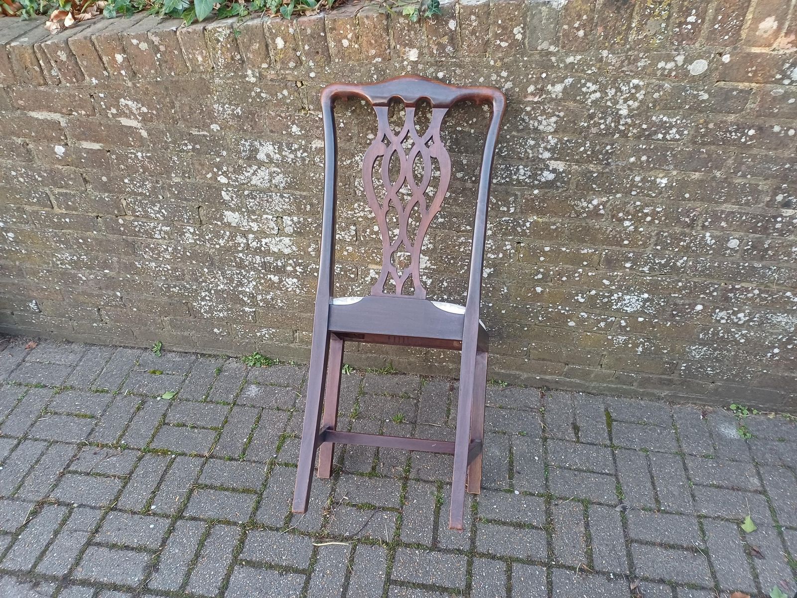 photo for sale Set Of Six Antique Mahogany Vintage High End Dining Chairs With Carved Fretwork Backs, Upholstered Seats Two Carvers