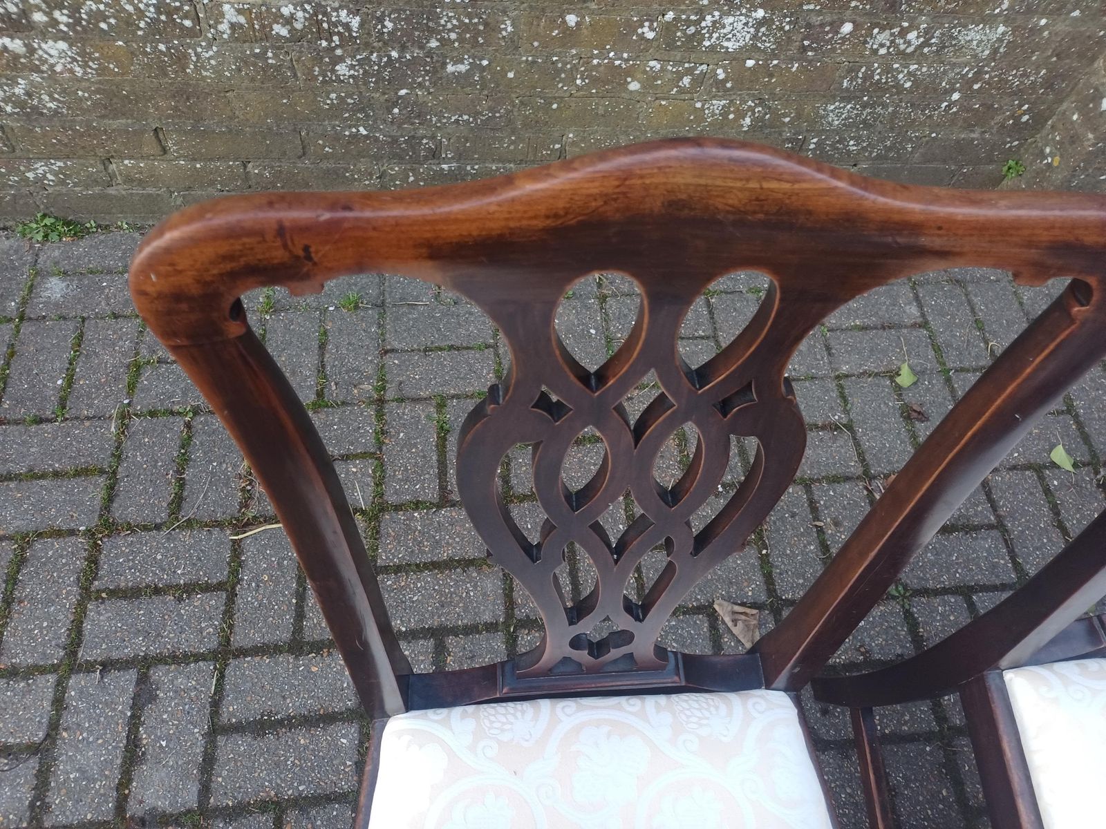 795.0 Set Of Six Antique Mahogany Vintage High End Dining Chairs With Carved Fretwork Backs, Upholstered Seats Two Carvers photo
