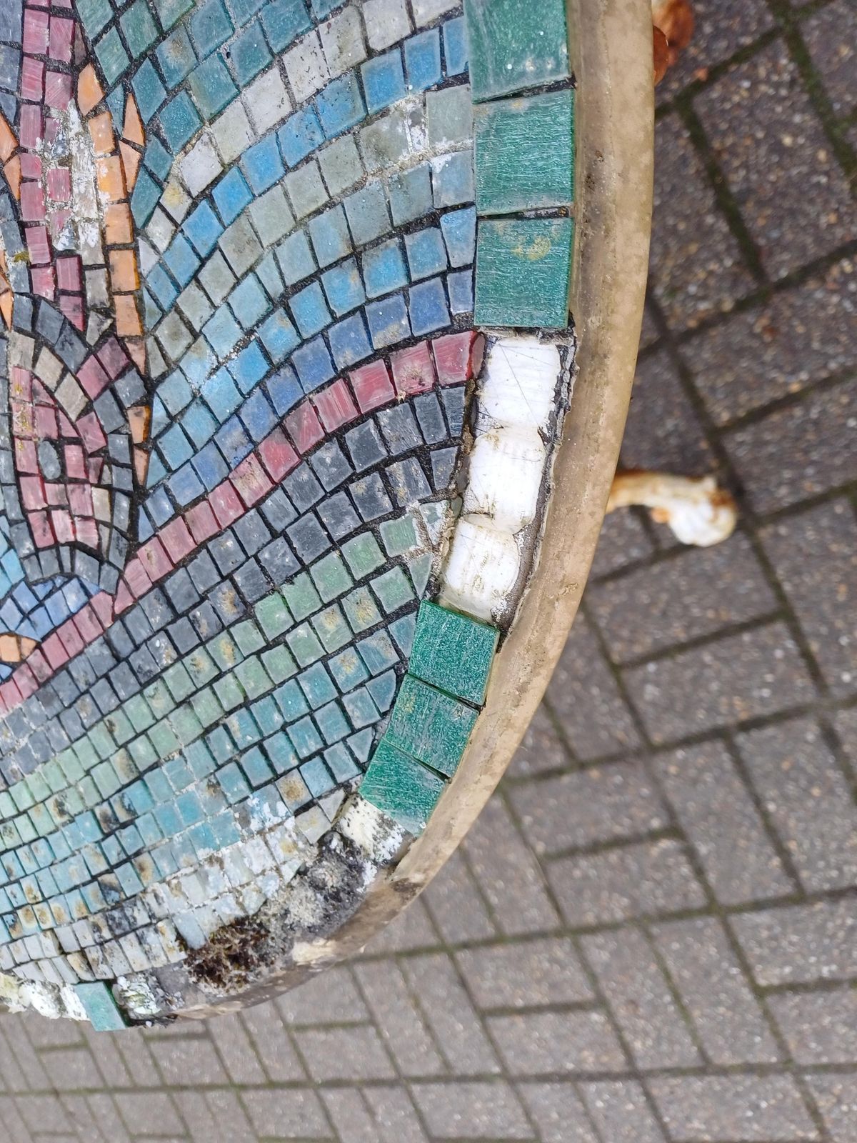 Victorian Britannia Garden Table Antique Cast Iron Mosaic Top Bird Design Rustic Table Outdoor Furniture Ornate Base photo for sale