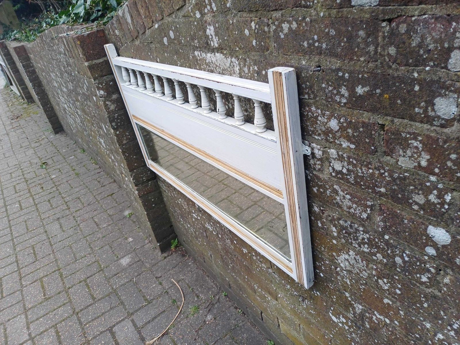 395.0 Antique Over Mantel Mirror Hand Painted Mahogany White Gold Distressed Bevelled Glass Farrow And Ball photo