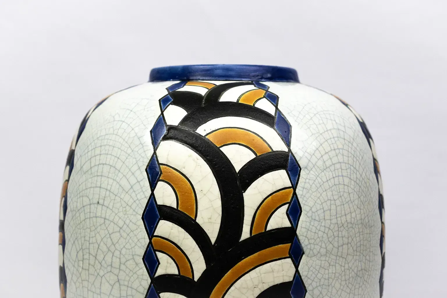 Art Deco Vase From The Nimy Pottery Factory — Crackled Earthenware, Geometric Decoration, Belgium Circa 1940 photo furniture