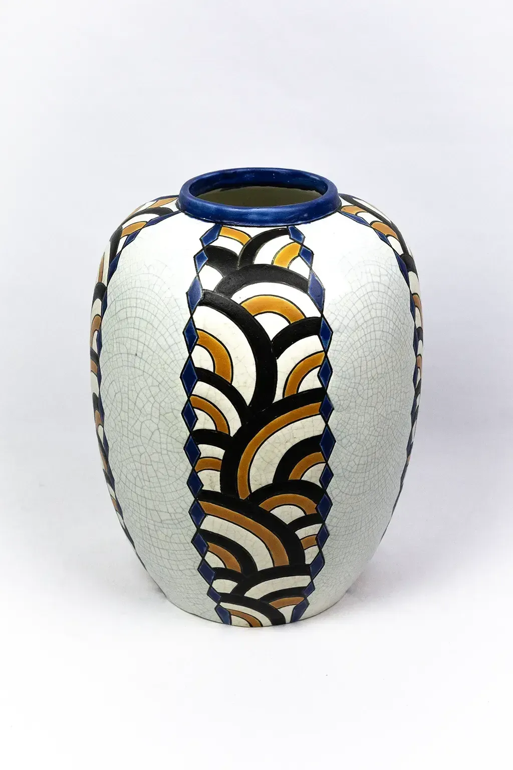 Art Deco Vase From The Nimy Pottery Factory — Crackled Earthenware, Geometric Decoration, Belgium Circa 1940 photo for sale