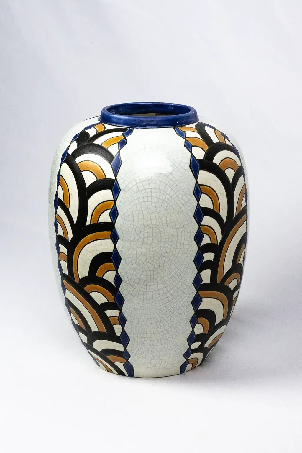 Art Deco Vase From The Nimy Pottery Factory — Crackled Earthenware, Geometric Decoration, Belgium Circa 1940 photo vinterior