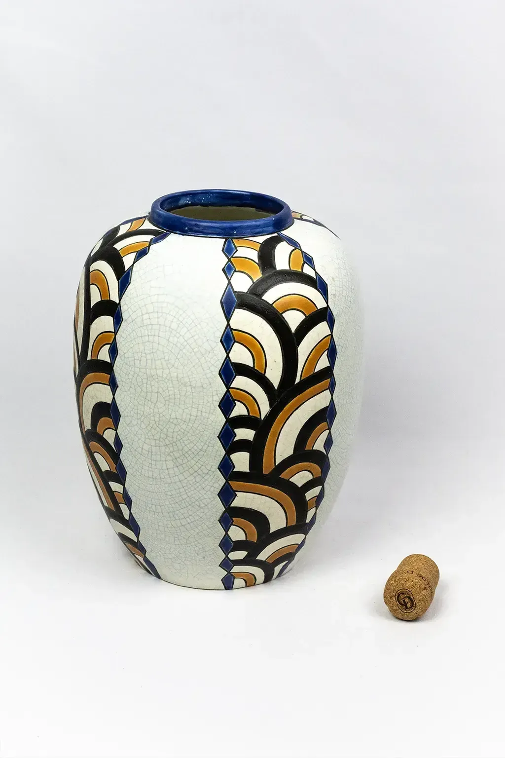 Art Deco Vase From The Nimy Pottery Factory — Crackled Earthenware, Geometric Decoration, Belgium Circa 1940 photo vintage