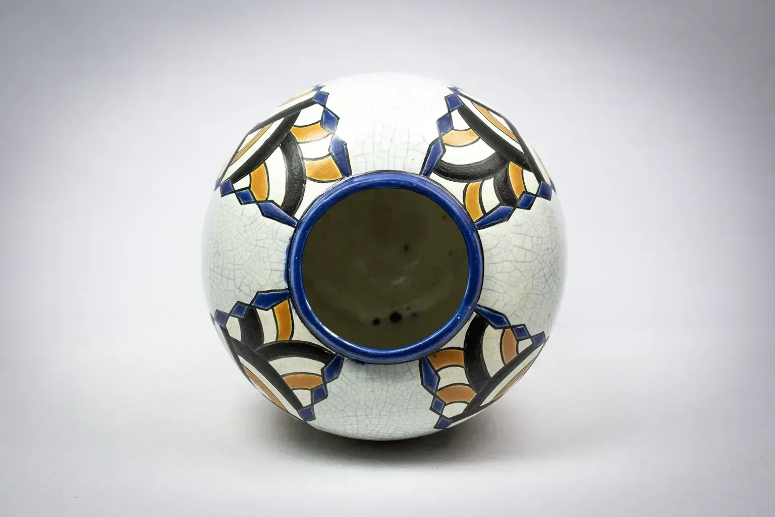 photo furniture Art Deco Vase From The Nimy Pottery Factory — Crackled Earthenware, Geometric Decoration, Belgium Circa 1940