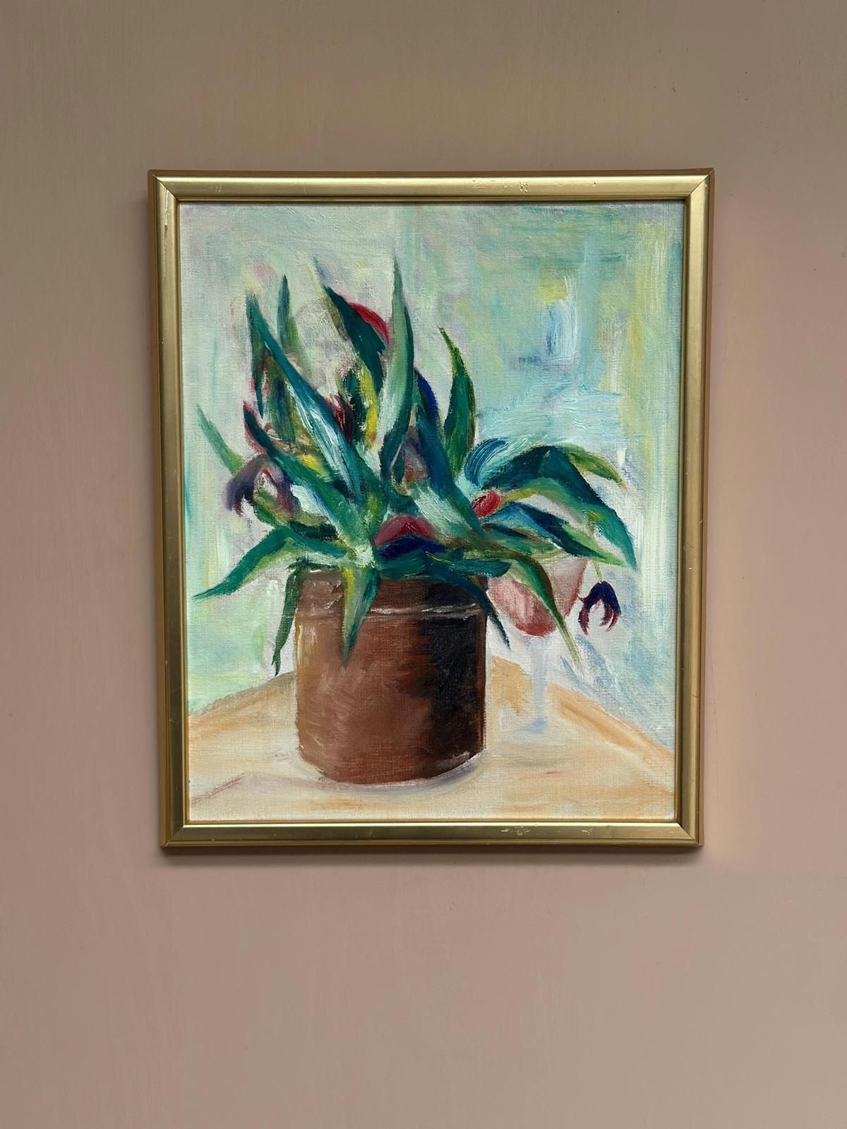 Original Swedish Oil On Canvas – “Vase With Plant” – Vintage & Framed – 34 × 45 Cm (13.4" × 17.7") photo Art