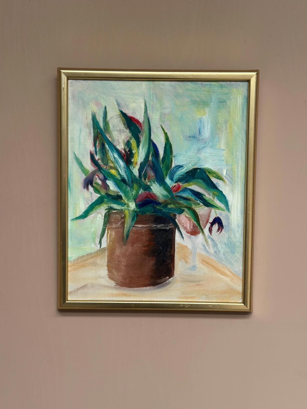 Original Swedish Oil On Canvas – “Vase With Plant” – Vintage & Framed – 34 × 45 Cm (13.4" × 17.7") photo 315.0