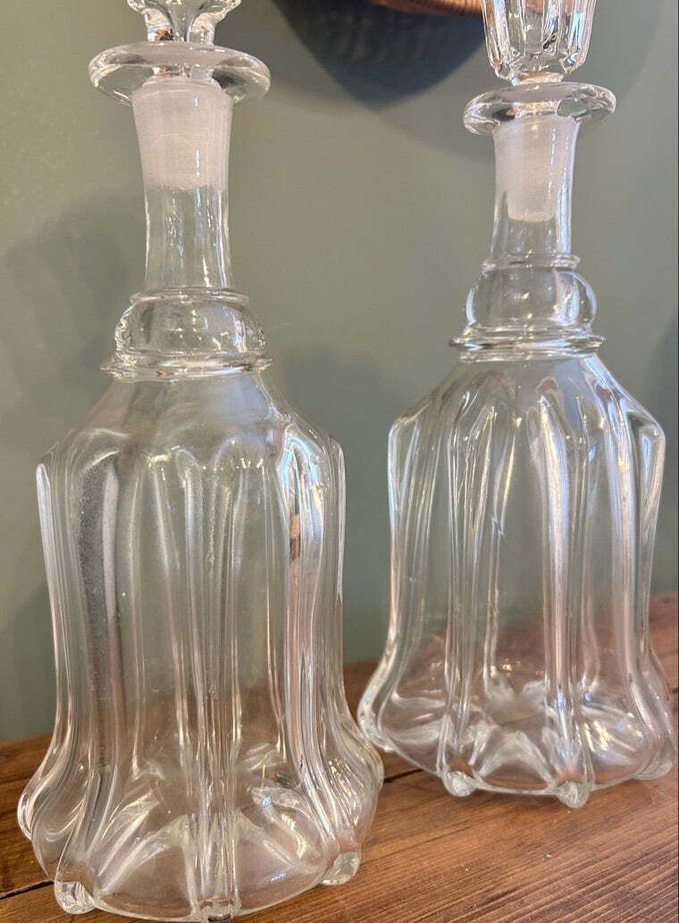 Pair Of Antique Hand Blown Glass Decanters With Stoppers photo for sale