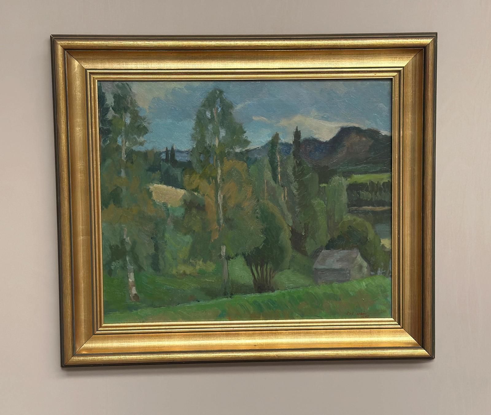 Original Swedish Oil On Panel – “Lush Landscape” By Olof Larsson – Vintage & Framed – 78 × 61 Cm (30.7" × 24") photo for sale