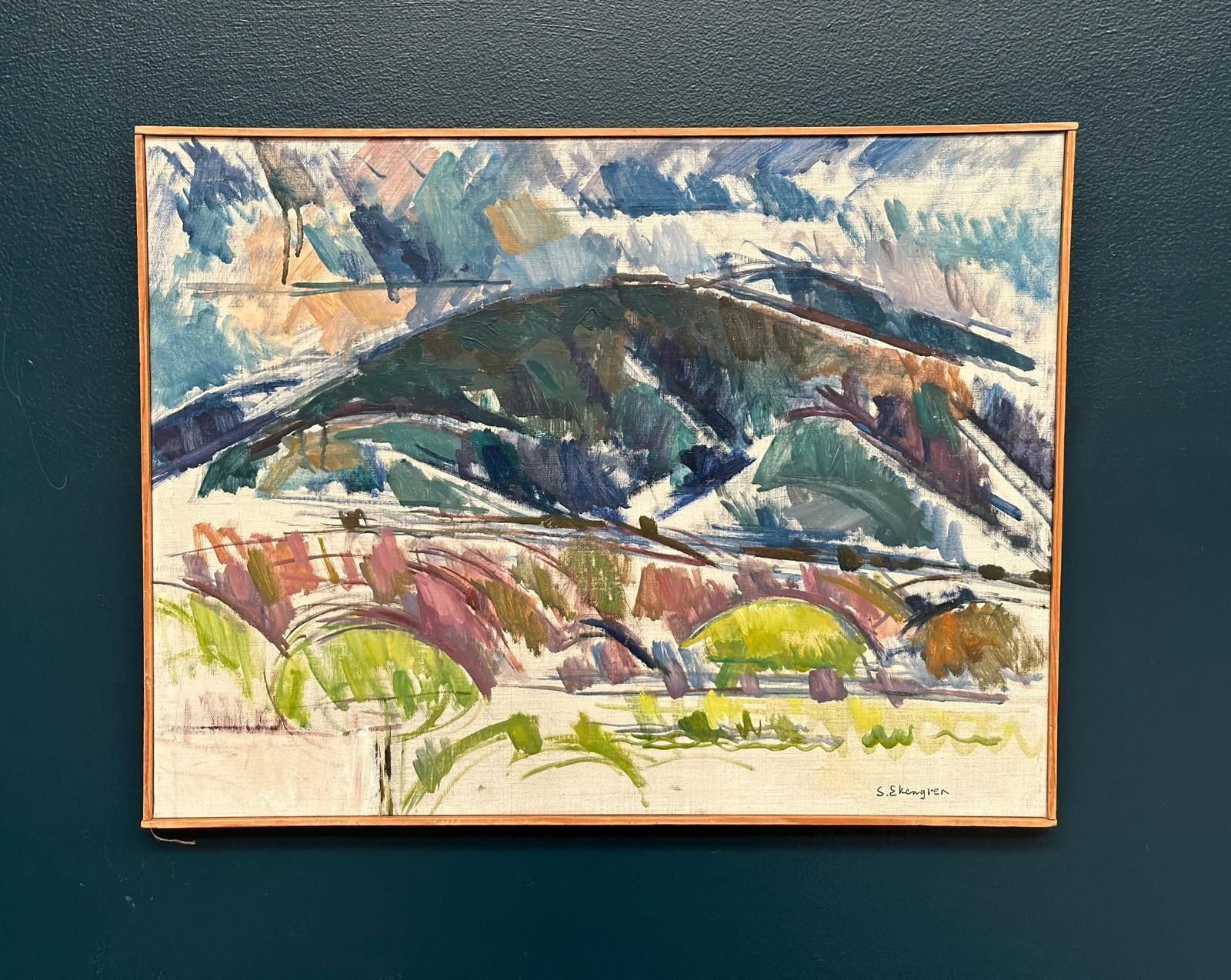 415.0 Original Mid Century Swedish Oil On Canvas – “Serene Landscape” By Sture Ekengren – Vintage & Framed – 62 × 48 Cm (24.4" × 18.9") photo