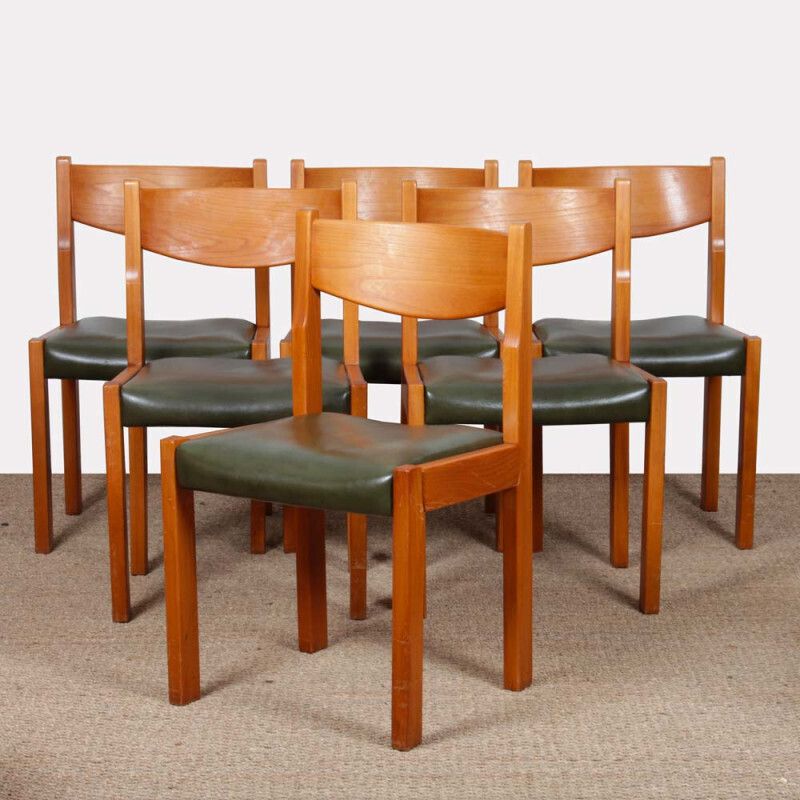 Set Of 6 Chairs In Solid Elm And Leather By Self, 1980
