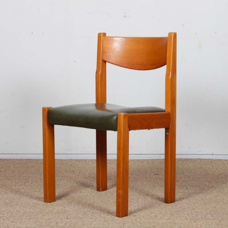 Set Of 6 Chairs In Solid Elm And Leather By Self, 1980 photo vintage