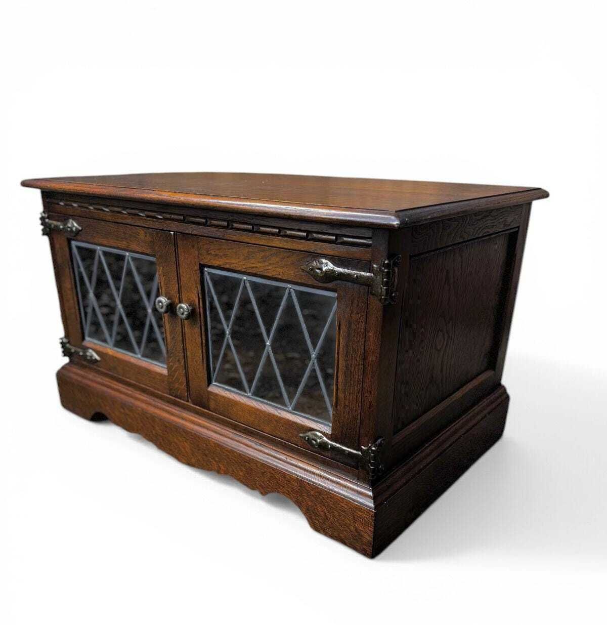 Vintage Old Charm Wood Brothers / Oak Leaded Glass Tv Stand / Tudor Brown Finish photo for sale