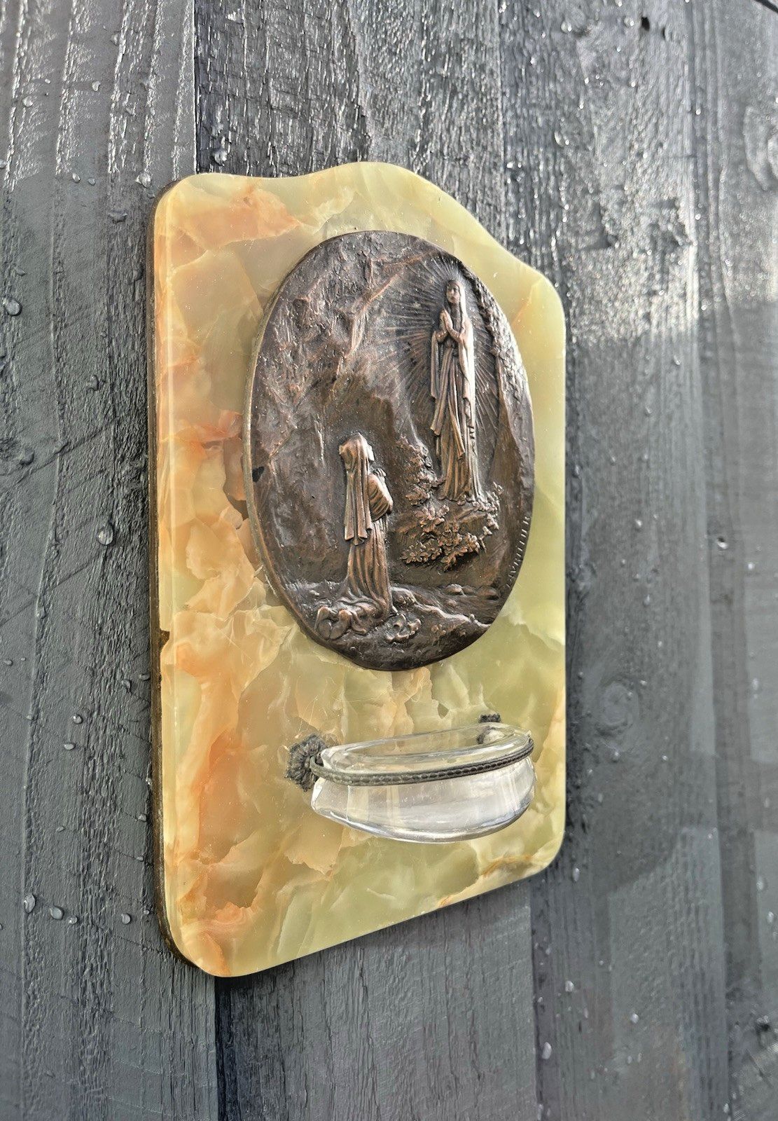 Antique Lady Of Lourdes Apparition Signed Bronze Holy Water Catholic Church Font