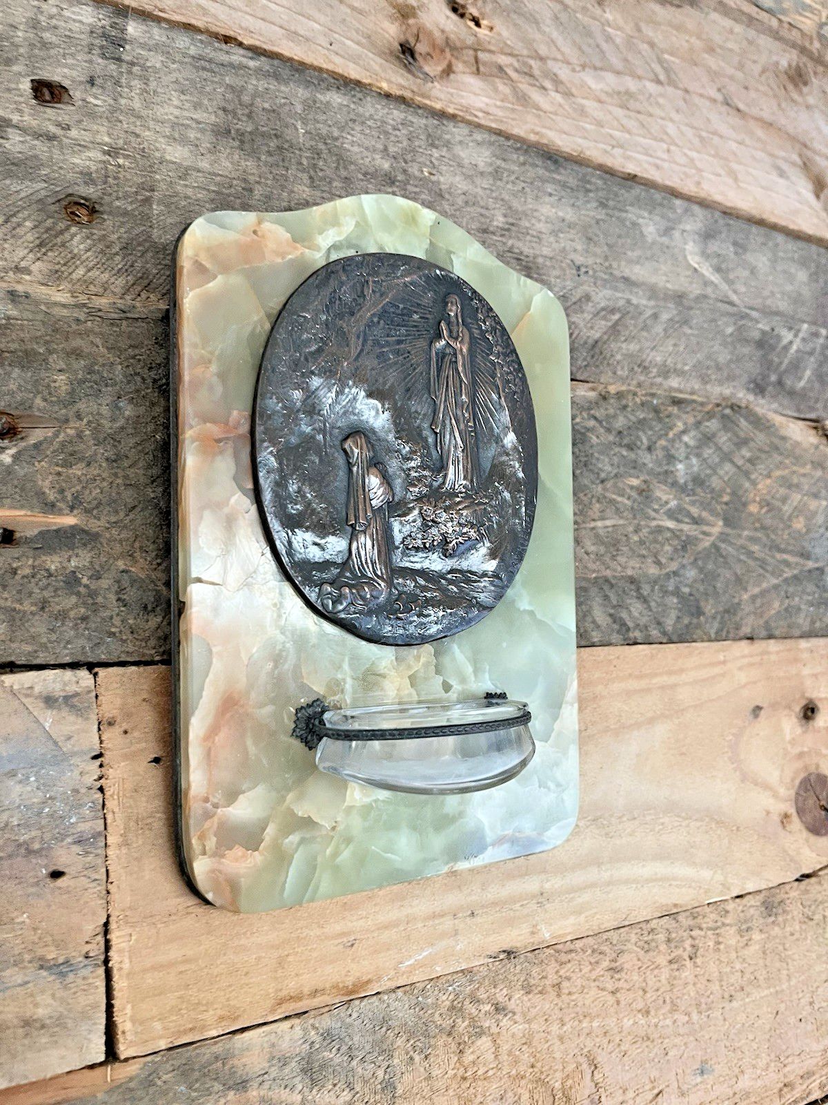 photo vintage Antique Lady Of Lourdes Apparition Signed Bronze Holy Water Catholic Church Font