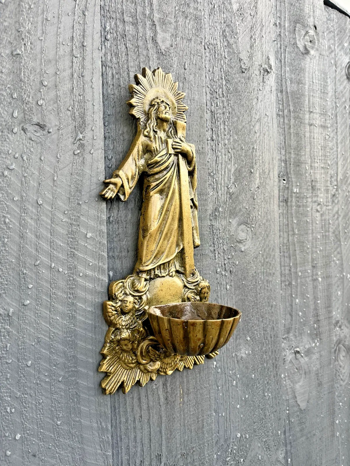 Antique French Art Deco Brass Holy Water Catholic Church Font Jesus Cross Angels photo for sale