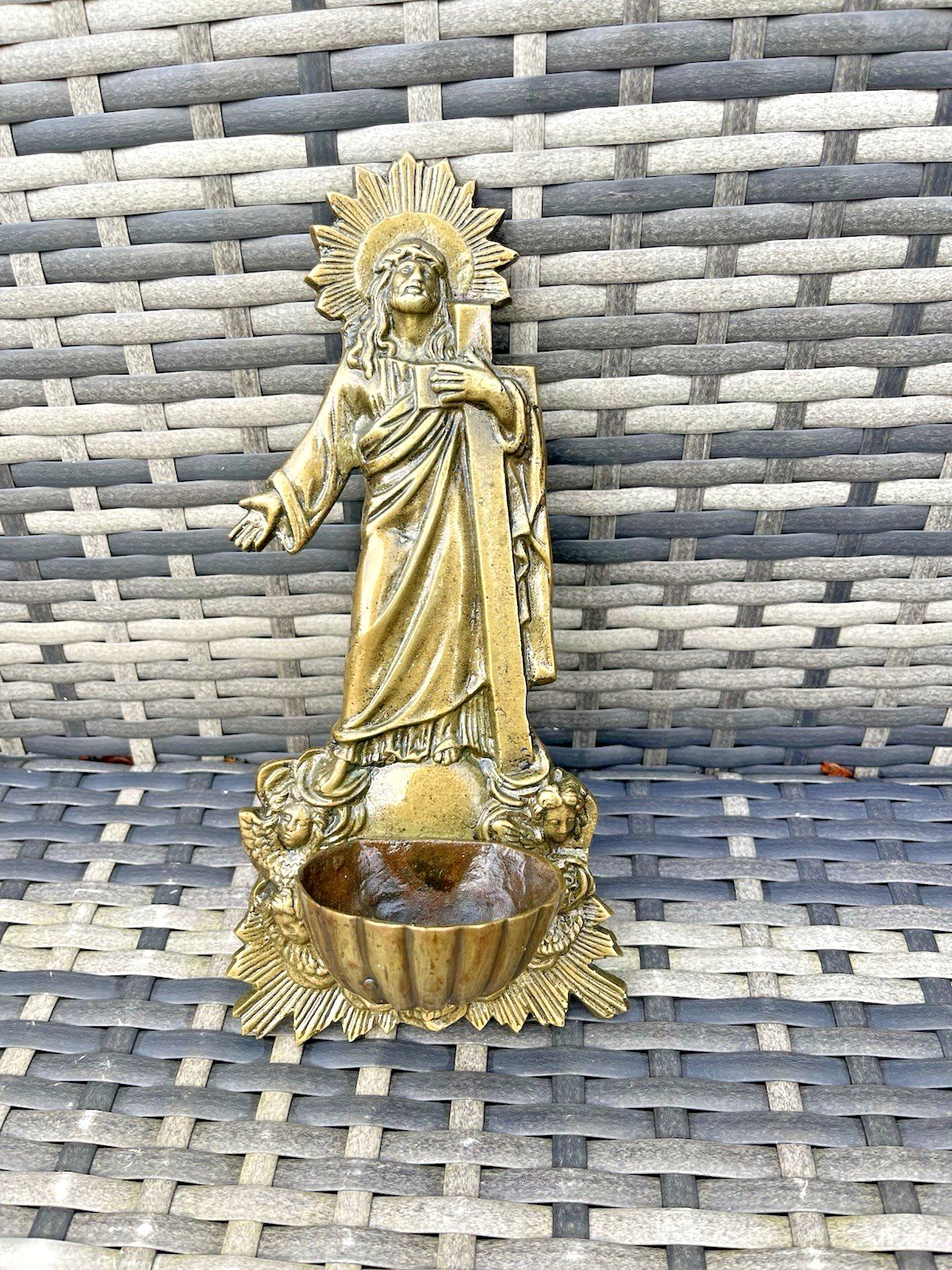 Antique French Art Deco Brass Holy Water Catholic Church Font Jesus Cross Angels photo buy