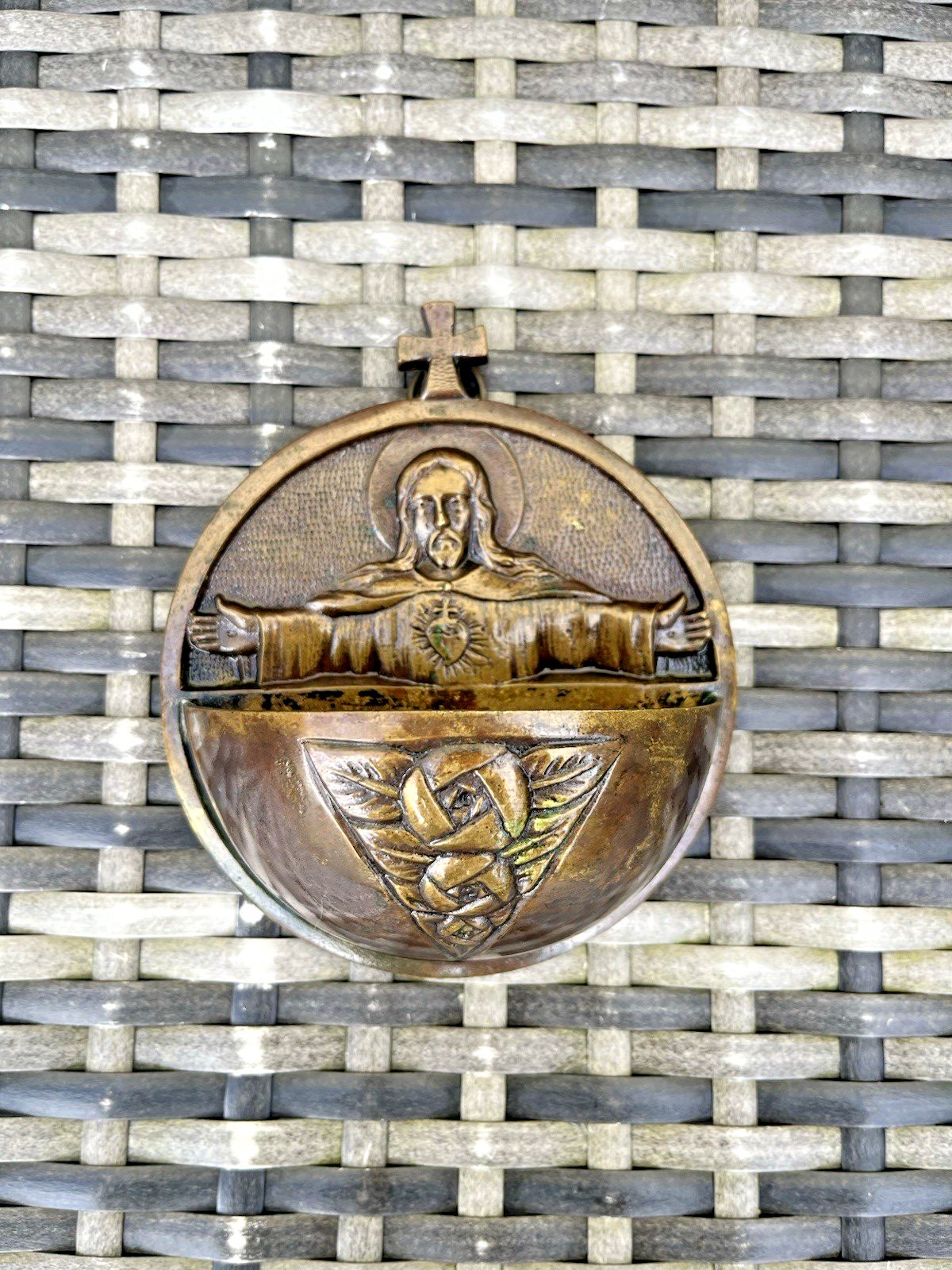 Art Deco Bronze Jesus Sacred Heart Holy Water Catholic Church Font Signed Hoffer photo 140.0