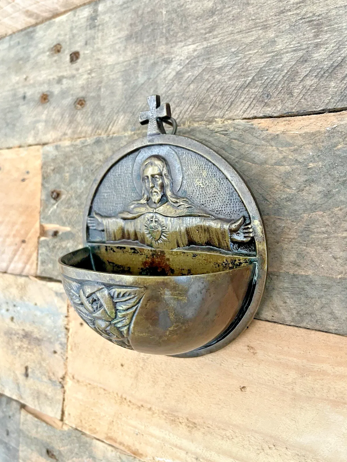 photo vinterior Art Deco Bronze Jesus Sacred Heart Holy Water Catholic Church Font Signed Hoffer