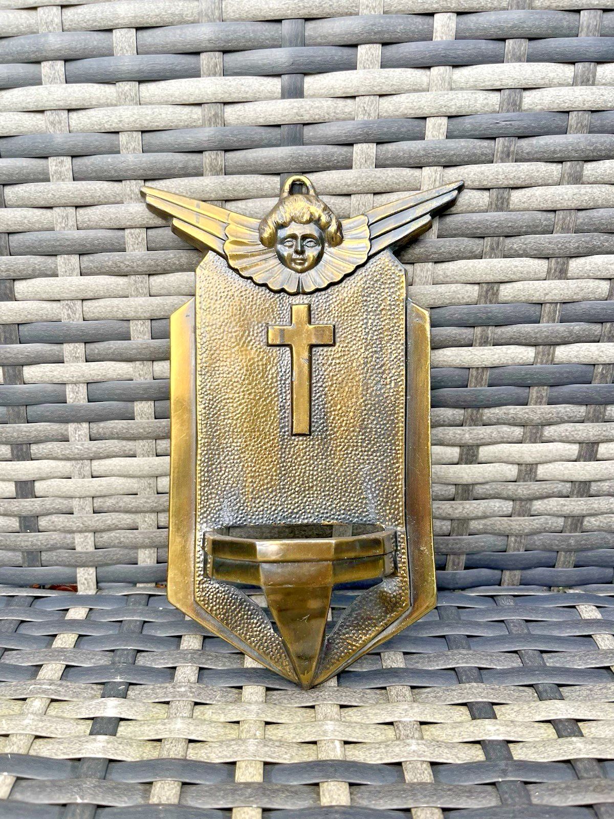 Belgian Antique Art Deco Angel Holy Water Catholic Church Font Signed Birembaux