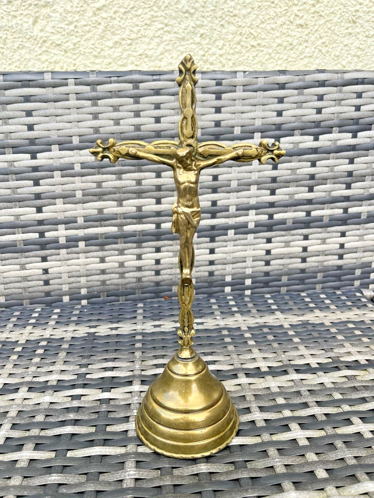 French Antique Art Deco Brass Freestanding Altar Crucifix Church Cross Jesus photo furniture