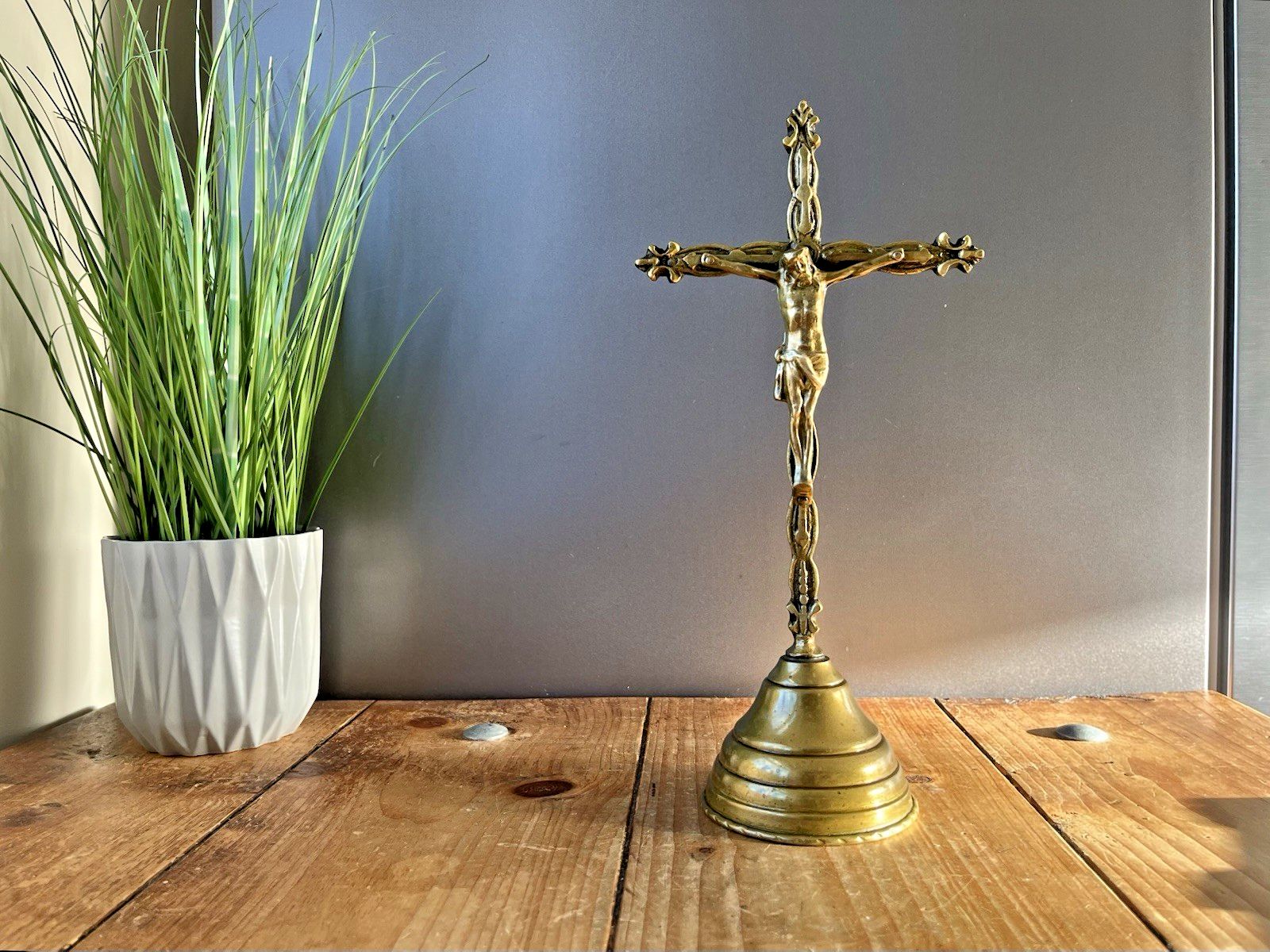 French Antique Art Deco Brass Freestanding Altar Crucifix Church Cross Jesus photo vintage