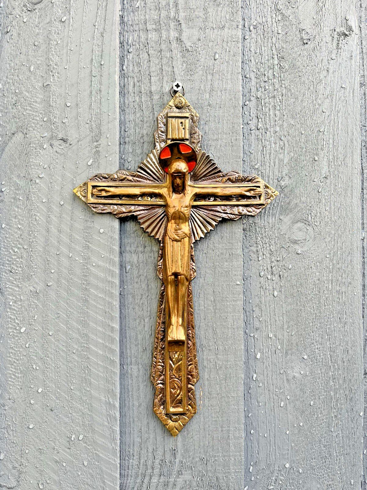 French Antique Art Deco Brass Bronzed Wall Hanging Crucifix Church Cross Jesus photo furniture