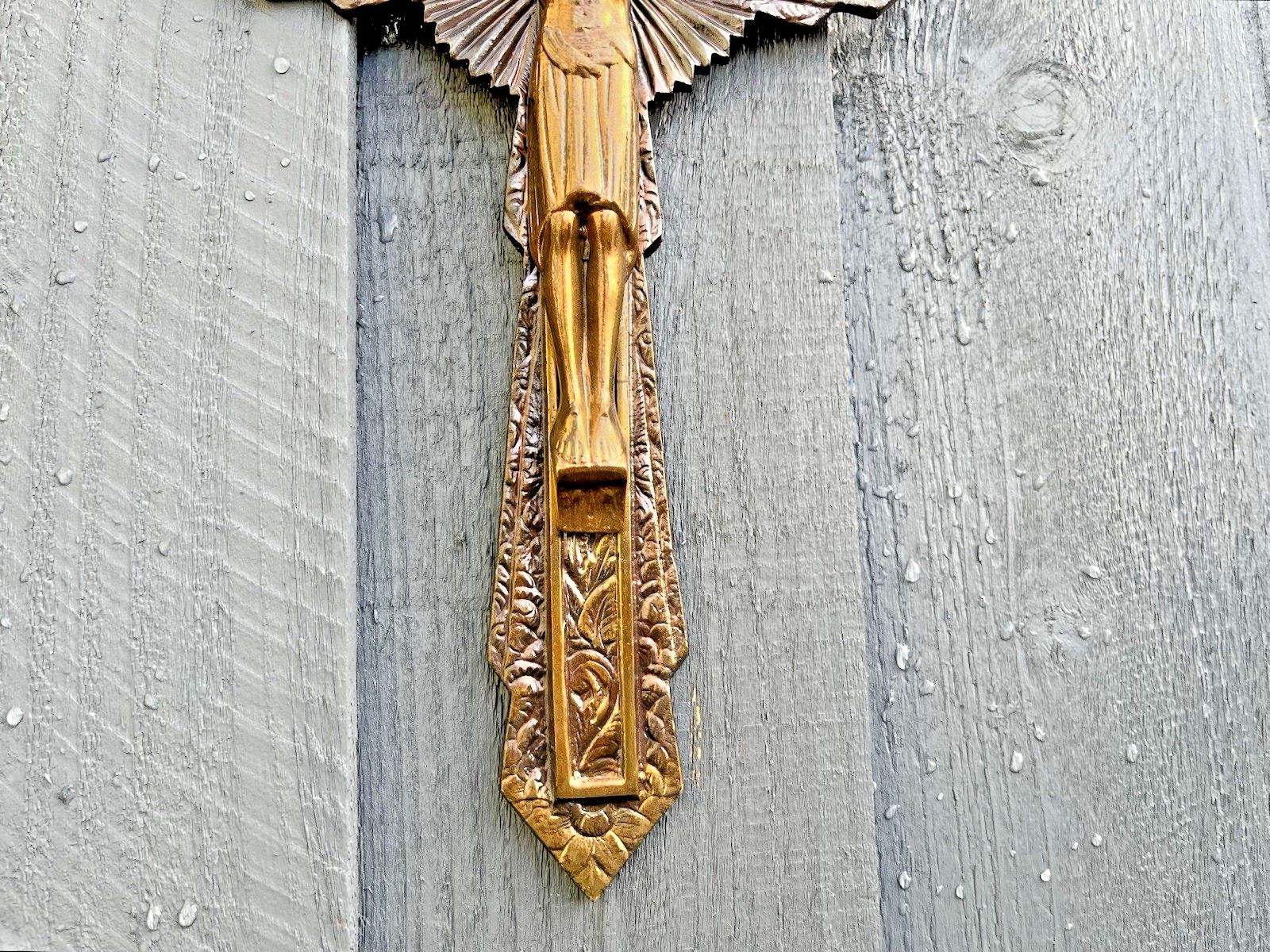 French Antique Art Deco Brass Bronzed Wall Hanging Crucifix Church Cross Jesus photo 125.0