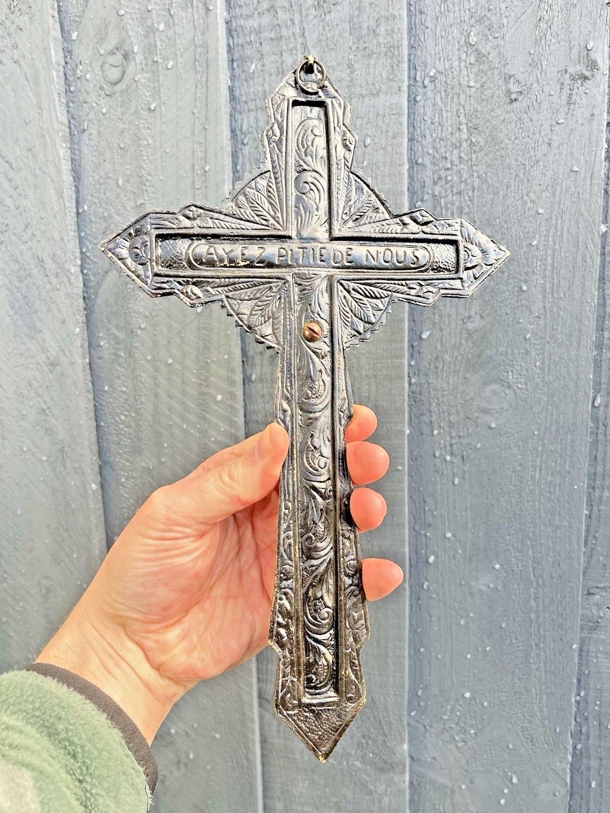 French Antique Art Deco Brass Bronzed Wall Hanging Crucifix Church Cross Jesus photo vinterior