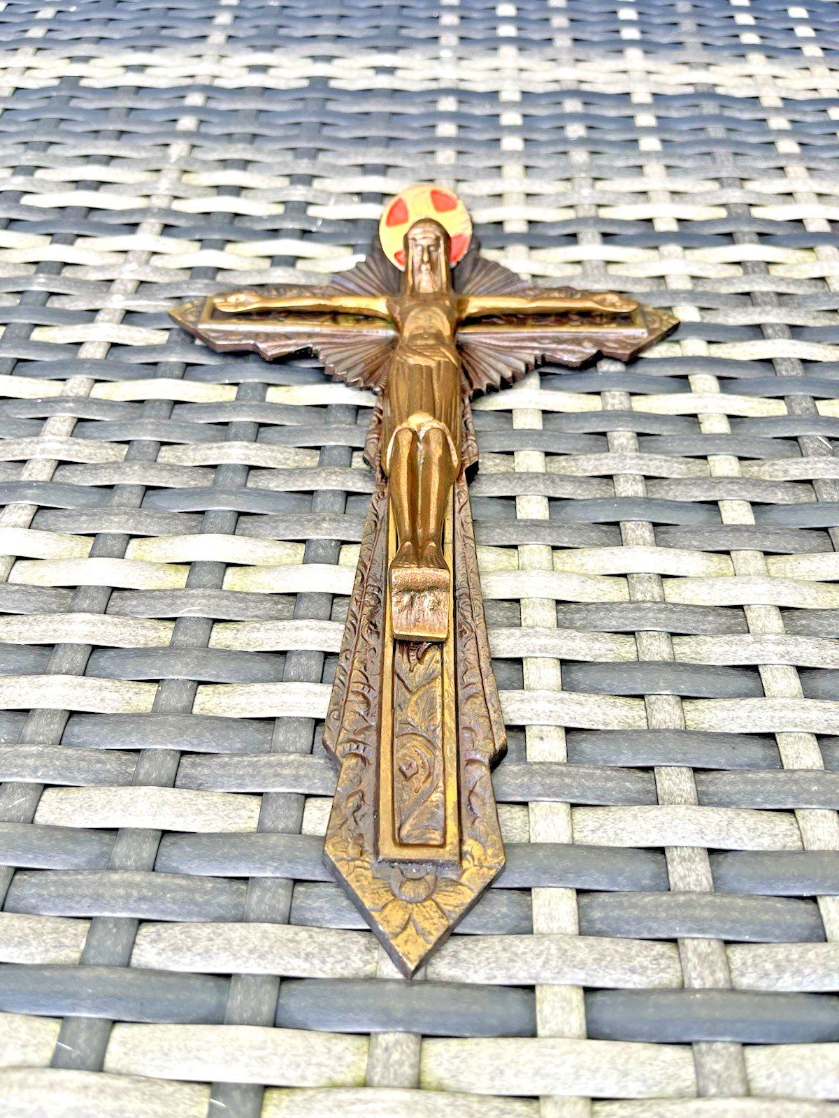 French Antique Art Deco Brass Bronzed Wall Hanging Crucifix Church Cross Jesus photo buy