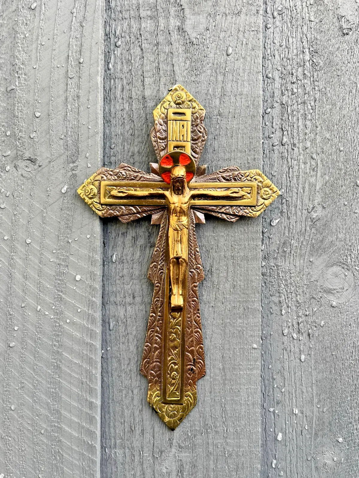 Art Deco Antique French Brass Bronzed Wall Hanging Crucifix Church Cross Jesus photo furniture