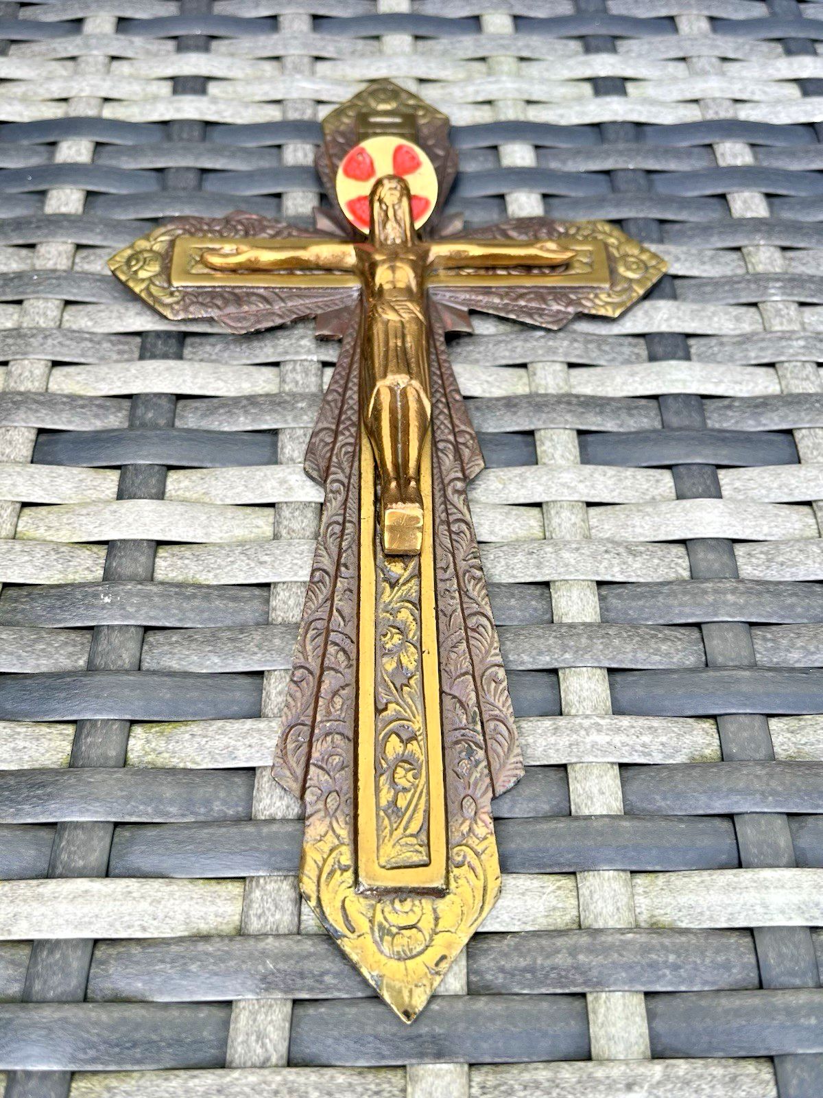Art Deco Antique French Brass Bronzed Wall Hanging Crucifix Church Cross Jesus photo 100.0
