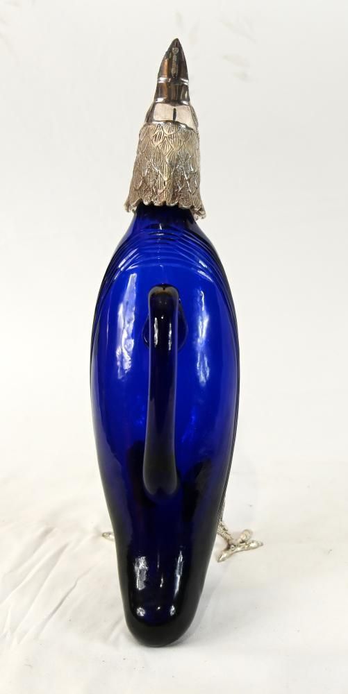 Silver Plate Hawk Decanter  Blue Glass Bird photo buy