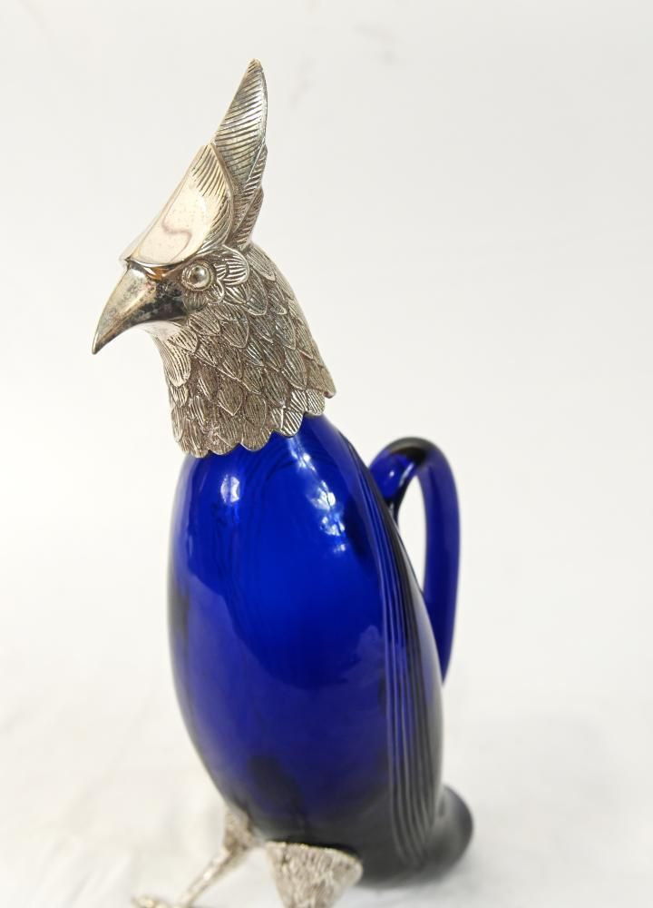 Silver Plate Hawk Decanter  Blue Glass Bird photo vintage
