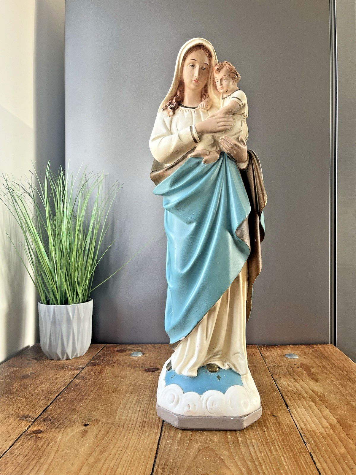Antique 20" Plaster Chalkware Virgin Mary Baby Jesus Figure Religious Sculpture photo furniture
