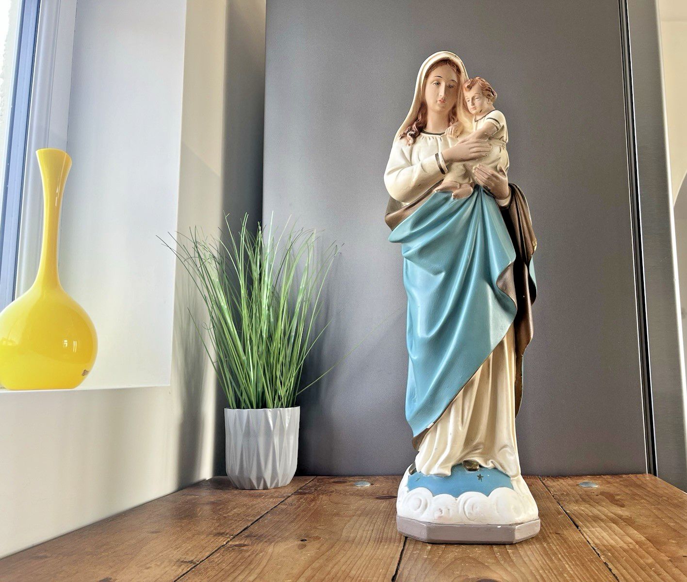 Antique 20" Plaster Chalkware Virgin Mary Baby Jesus Figure Religious Sculpture photo for sale